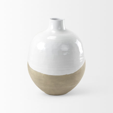 Amos 18.5L x 18.5W x 24.4H White and Dark Beige Color Blocked Ceramic Floor Vase from Mercana - Luna Furniture