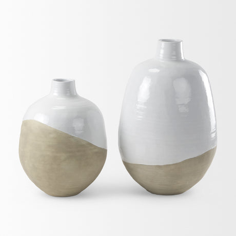 Amos 20.5L x 20.5W x 31.9H White and Dark Beige Color Blocked Ceramic Floor Vase from Mercana - Luna Furniture