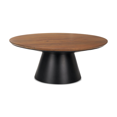Mitchell 40.0L x 40.0W x 16.0H Black Metal Pedestal Base with Brown Wood Top Coffee Table from Mercana - Luna Furniture