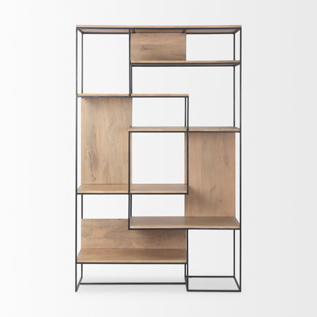 Morris 47.0L x 15.0W x 75.0H Light Brown Wood w/ Black Metal Frame 6-Tier Shelving Unit from Mercana - Luna Furniture