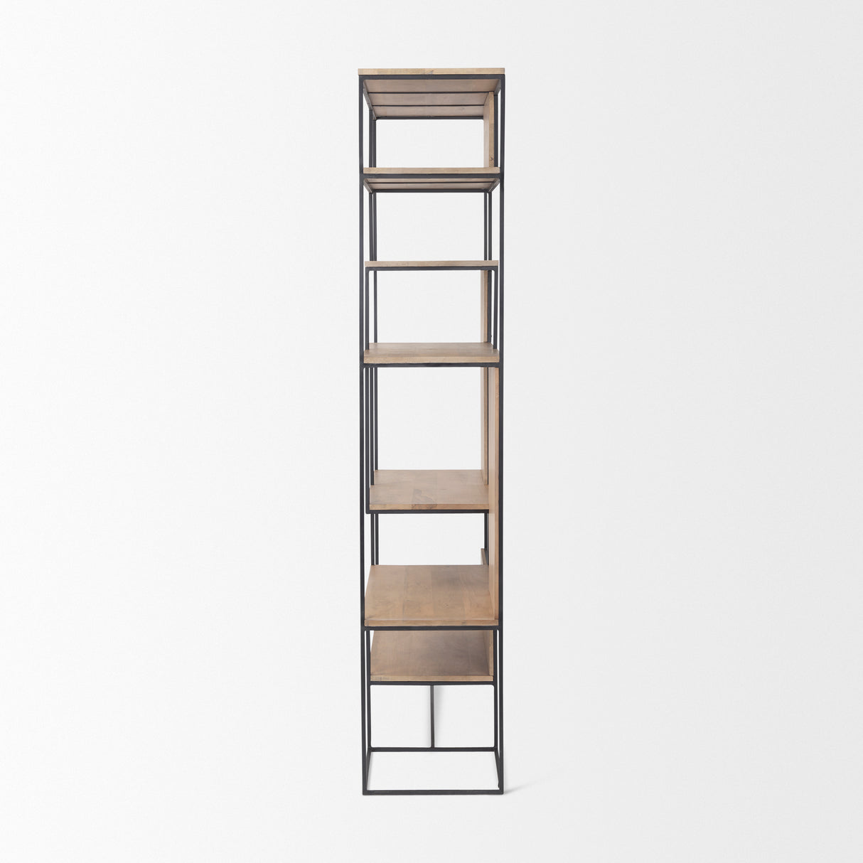 Morris 47.0L x 15.0W x 75.0H Light Brown Wood w/ Black Metal Frame 6-Tier Shelving Unit from Mercana - Luna Furniture