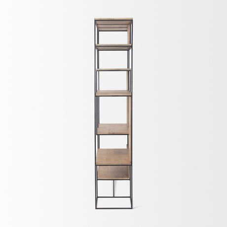 Morris 47.0L x 15.0W x 75.0H Light Brown Wood w/ Black Metal Frame 6-Tier Shelving Unit from Mercana - Luna Furniture