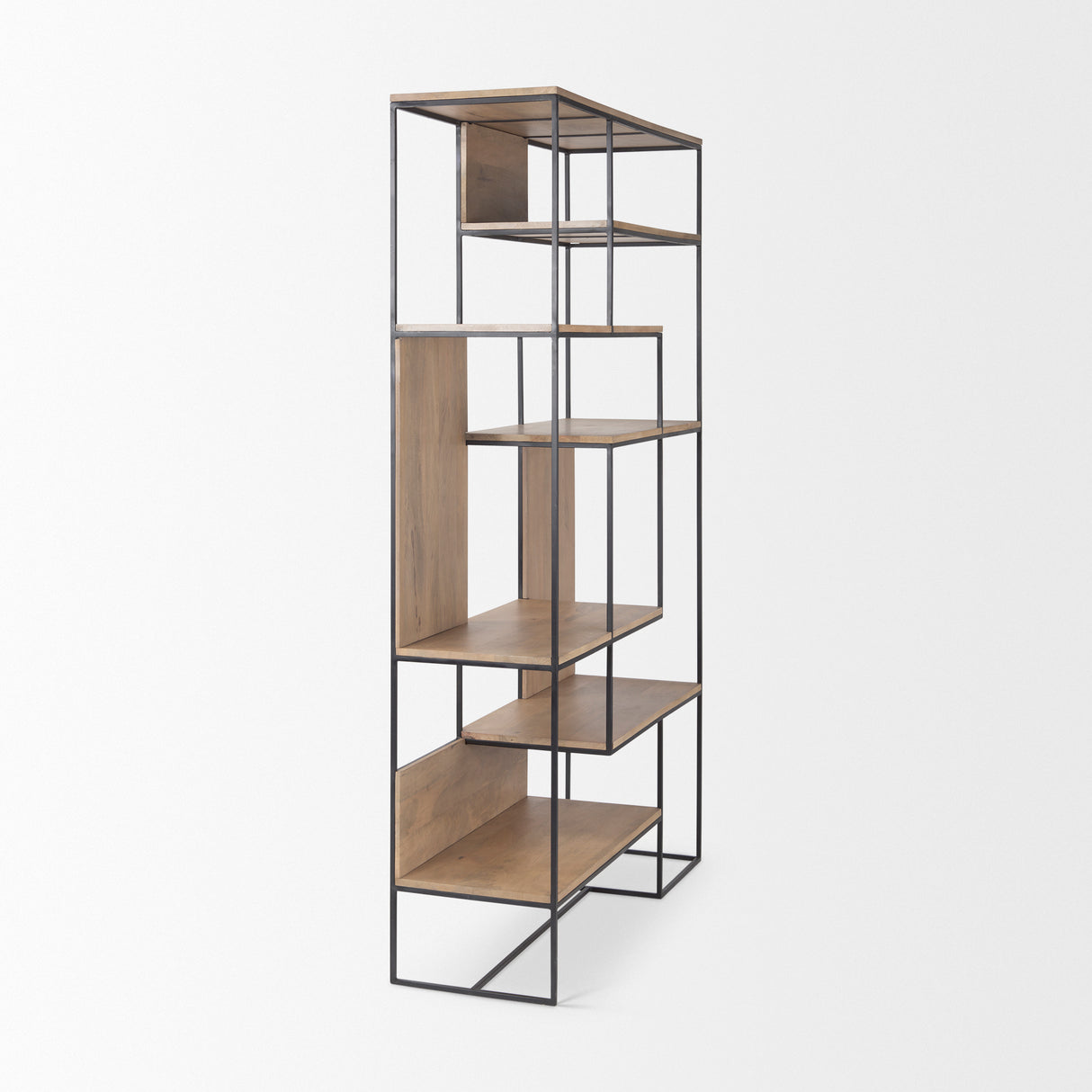 Morris 47.0L x 15.0W x 75.0H Light Brown Wood w/ Black Metal Frame 6-Tier Shelving Unit from Mercana - Luna Furniture