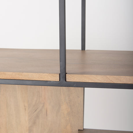 Morris 47.0L x 15.0W x 75.0H Light Brown Wood w/ Black Metal Frame 6-Tier Shelving Unit from Mercana - Luna Furniture