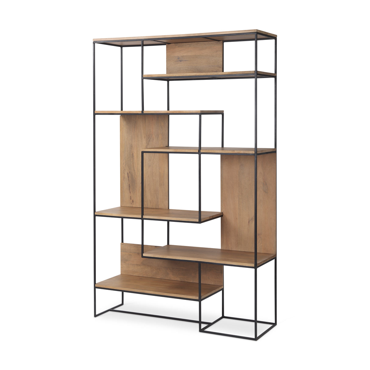 Morris 47.0L x 15.0W x 75.0H Light Brown Wood w/ Black Metal Frame 6-Tier Shelving Unit from Mercana - Luna Furniture
