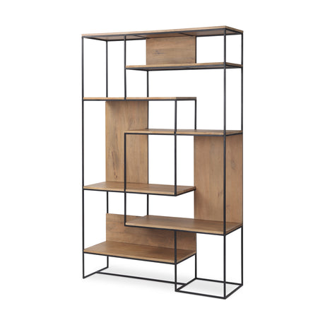 Morris 47.0L x 15.0W x 75.0H Light Brown Wood w/ Black Metal Frame 6-Tier Shelving Unit from Mercana - Luna Furniture