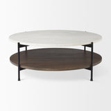 Larkin 42" Round Two-Tier White Marble Top and Solid Wood Shelf w/ Black Metal Frame Coffee Table from Mercana - Luna Furniture