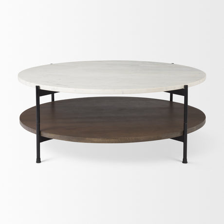 Larkin 42" Round Two-Tier White Marble Top and Solid Wood Shelf w/ Black Metal Frame Coffee Table from Mercana - Luna Furniture