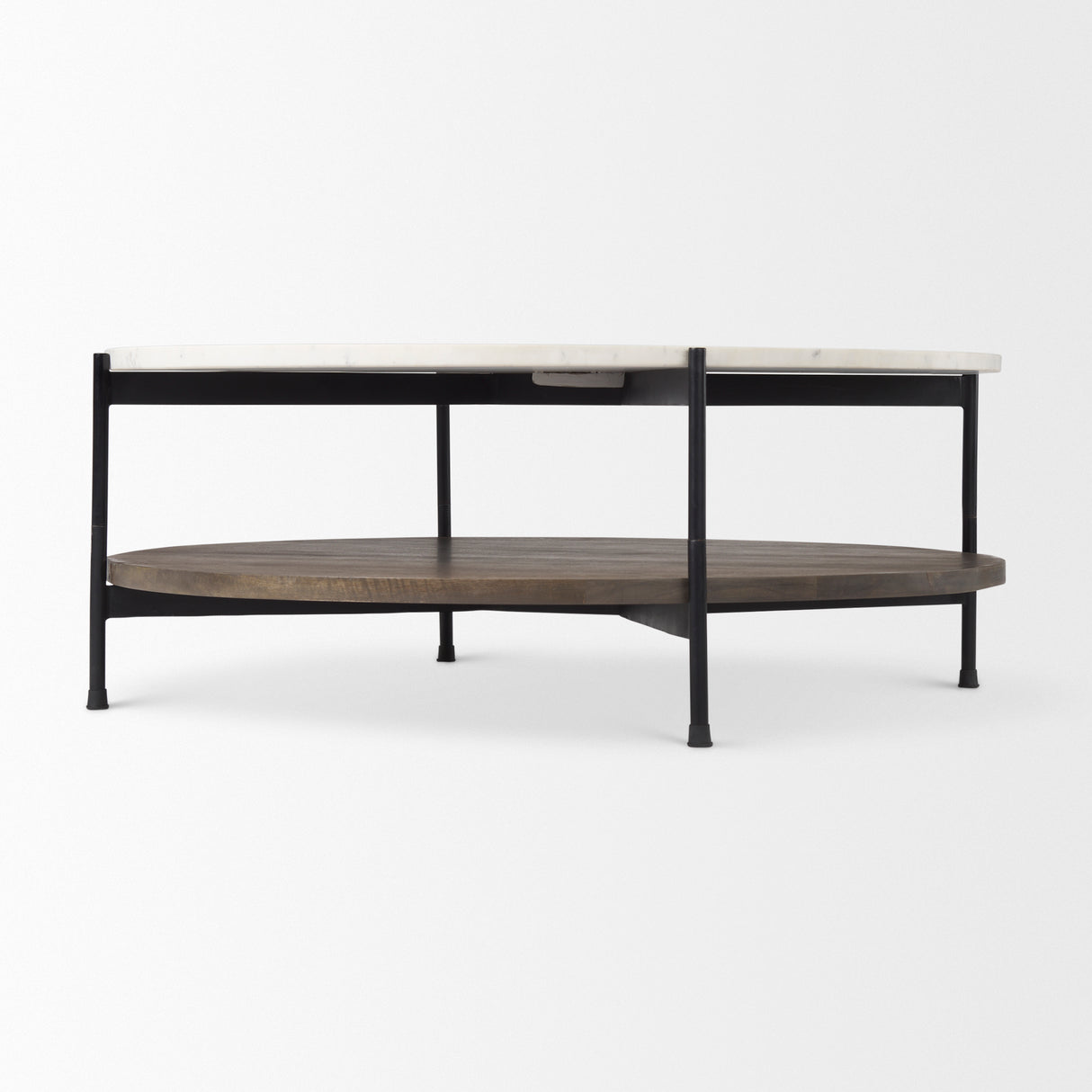 Larkin 42" Round Two-Tier White Marble Top and Solid Wood Shelf w/ Black Metal Frame Coffee Table from Mercana - Luna Furniture