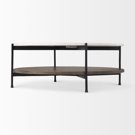 Larkin 42" Round Two-Tier White Marble Top and Solid Wood Shelf w/ Black Metal Frame Coffee Table from Mercana - Luna Furniture