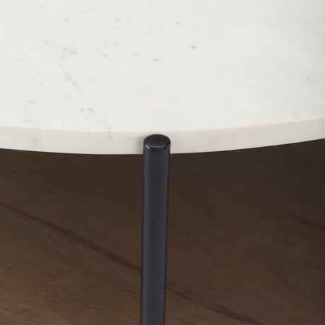 Larkin 42" Round Two-Tier White Marble Top and Solid Wood Shelf w/ Black Metal Frame Coffee Table from Mercana - Luna Furniture