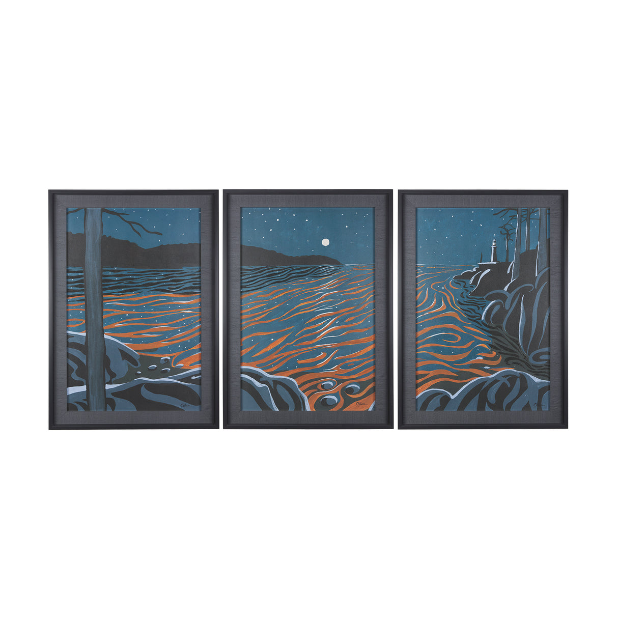 Sea bay at night I by Mercana Studio a Hand Embellished Textured Framed Art Print from Mercana - Luna Furniture