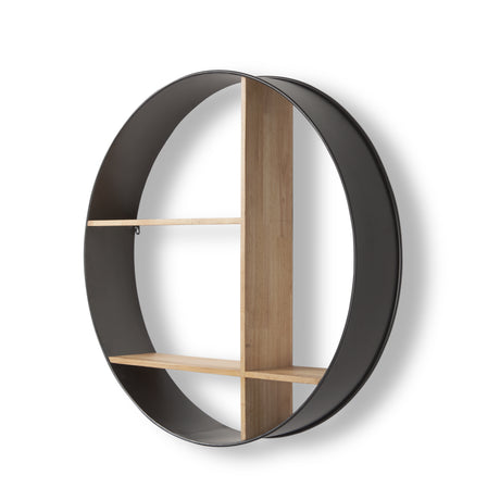 Hector 36.0L x 7.0W x 36.0H Brown Wood W/ Black Metal Round Wall Shelf from Mercana - Luna Furniture