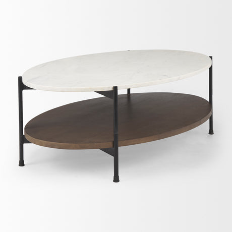 Larkin White Marble Top w/ Dark Brown Wood Shelf Oval Coffee Table from Mercana - Luna Furniture