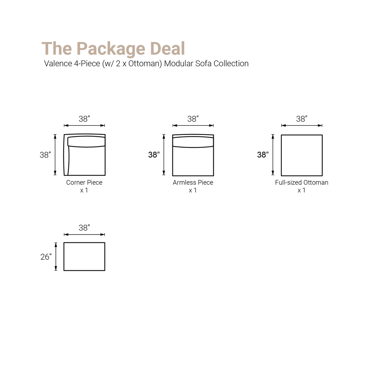 Valence 4 Piece Medium Gray Modular Sofa Set (Included 2 x Ottoman)
