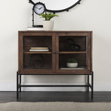 Arelius 36L x 18W x 32H Medium Brown Wood, Black Metal Base w/ 2 Glass Doors Accent Cabinet from Mercana - Luna Furniture
