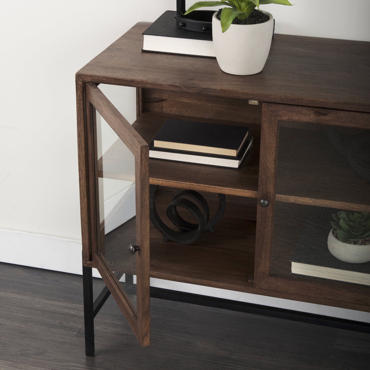 Arelius 36L x 18W x 32H Medium Brown Wood, Black Metal Base w/ 2 Glass Doors Accent Cabinet from Mercana - Luna Furniture