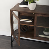 Arelius 36L x 18W x 32H Medium Brown Wood, Black Metal Base w/ 2 Glass Doors Accent Cabinet from Mercana - Luna Furniture