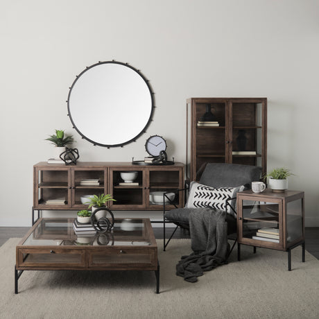 Arelius 36L x 18.75W x 63H Medium Brown Wood W/ Black Metal Base Display Cabinet from Mercana - Luna Furniture