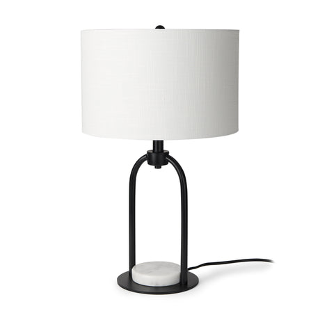 Sarah 15.0L x 10.0W x 22.2H Arched Black Metal W/Marble Cube and White Shade Table Lamp from Mercana - Luna Furniture