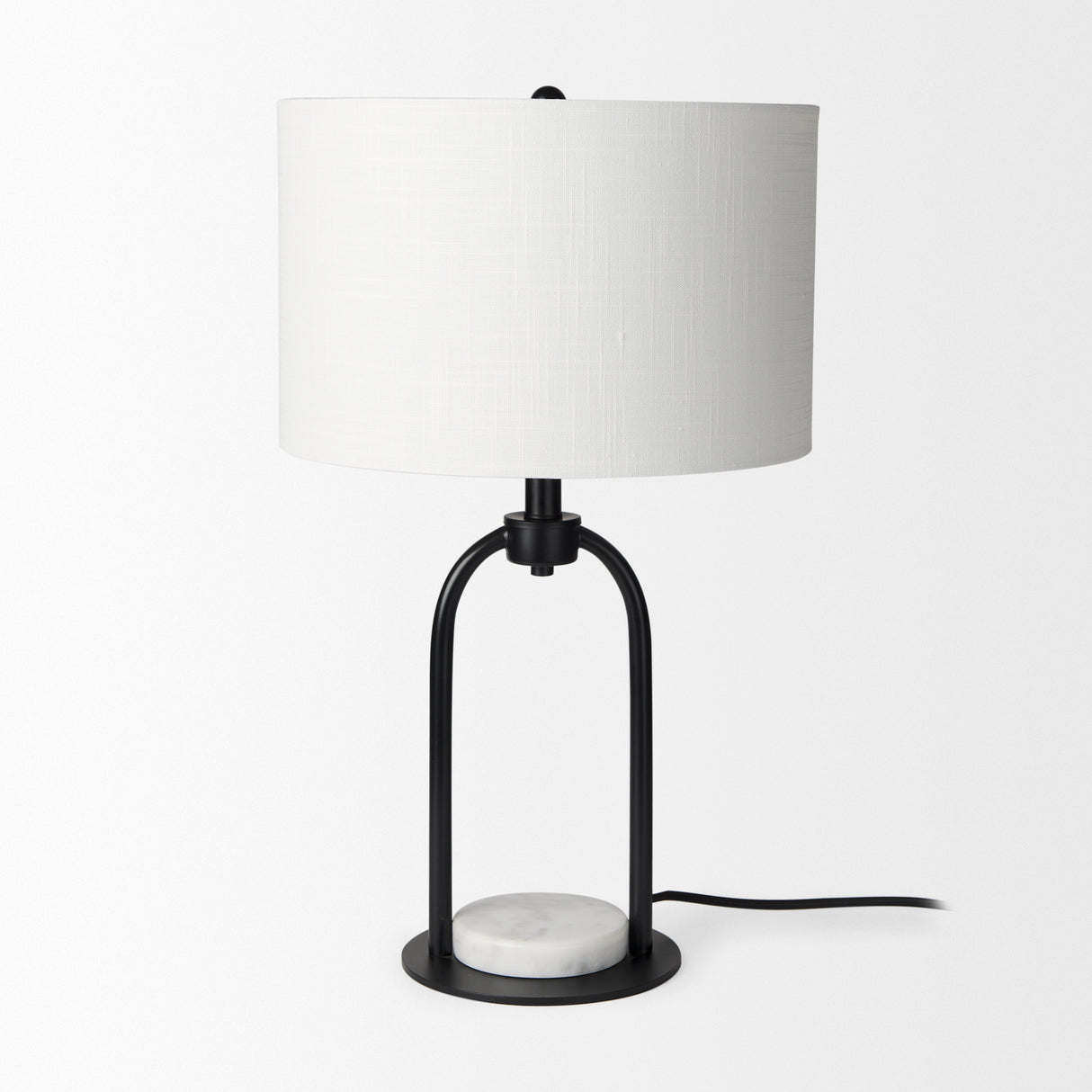 Sarah 15.0L x 10.0W x 22.2H Arched Black Metal W/Marble Cube and White Shade Table Lamp from Mercana - Luna Furniture
