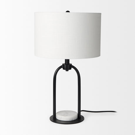 Sarah 15.0L x 10.0W x 22.2H Arched Black Metal W/Marble Cube and White Shade Table Lamp from Mercana - Luna Furniture
