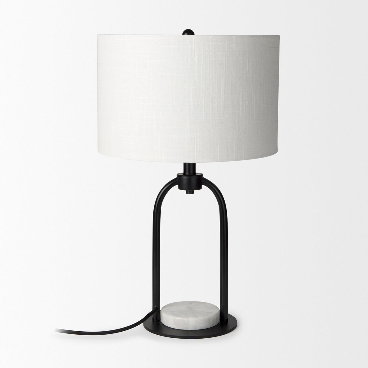 Sarah 15.0L x 10.0W x 22.2H Arched Black Metal W/Marble Cube and White Shade Table Lamp from Mercana - Luna Furniture