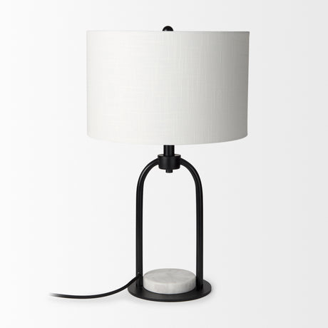 Sarah 15.0L x 10.0W x 22.2H Arched Black Metal W/Marble Cube and White Shade Table Lamp from Mercana - Luna Furniture
