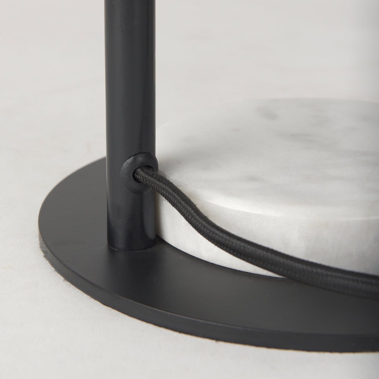 Sarah 15.0L x 10.0W x 22.2H Arched Black Metal W/Marble Cube and White Shade Table Lamp from Mercana - Luna Furniture