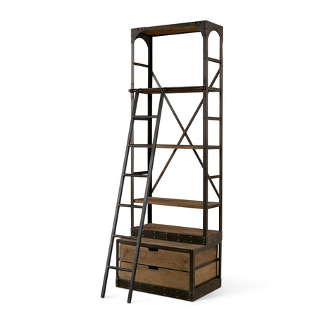 Brodie VII 32L x 22W x 94H Brown Wood Gun-Metal Bracing Four Shelf Shelving Unit from Mercana - Luna Furniture
