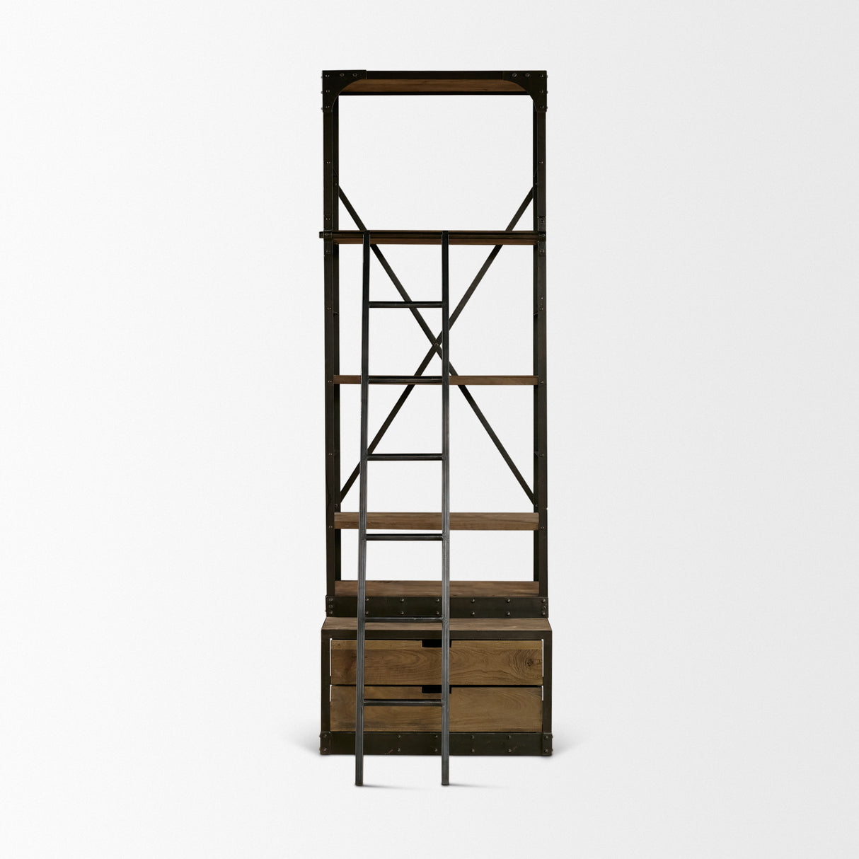 Brodie VII 32L x 22W x 94H Brown Wood Gun-Metal Bracing Four Shelf Shelving Unit from Mercana - Luna Furniture