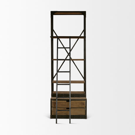 Brodie VII 32L x 22W x 94H Brown Wood Gun-Metal Bracing Four Shelf Shelving Unit from Mercana - Luna Furniture