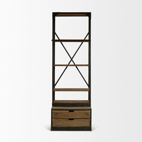 Brodie VII 32L x 22W x 94H Brown Wood Gun-Metal Bracing Four Shelf Shelving Unit from Mercana - Luna Furniture