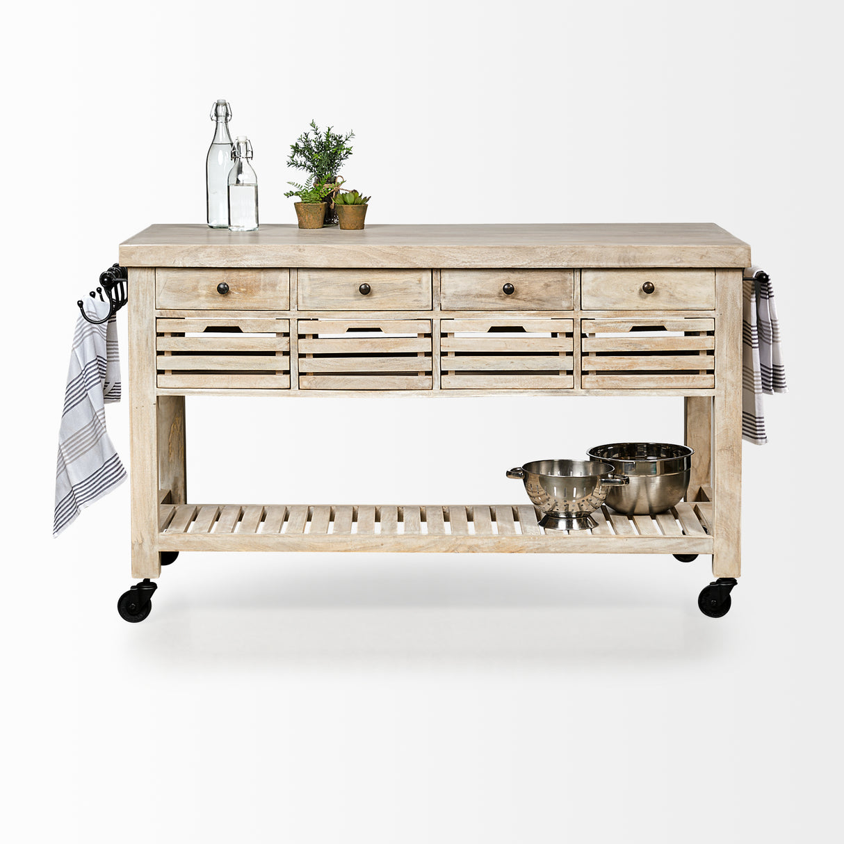 Columbia 62L x 28W x 36H I Light Brown Body w/ Black Iron Knobs Rolling Kitchen Island from Mercana - Luna Furniture