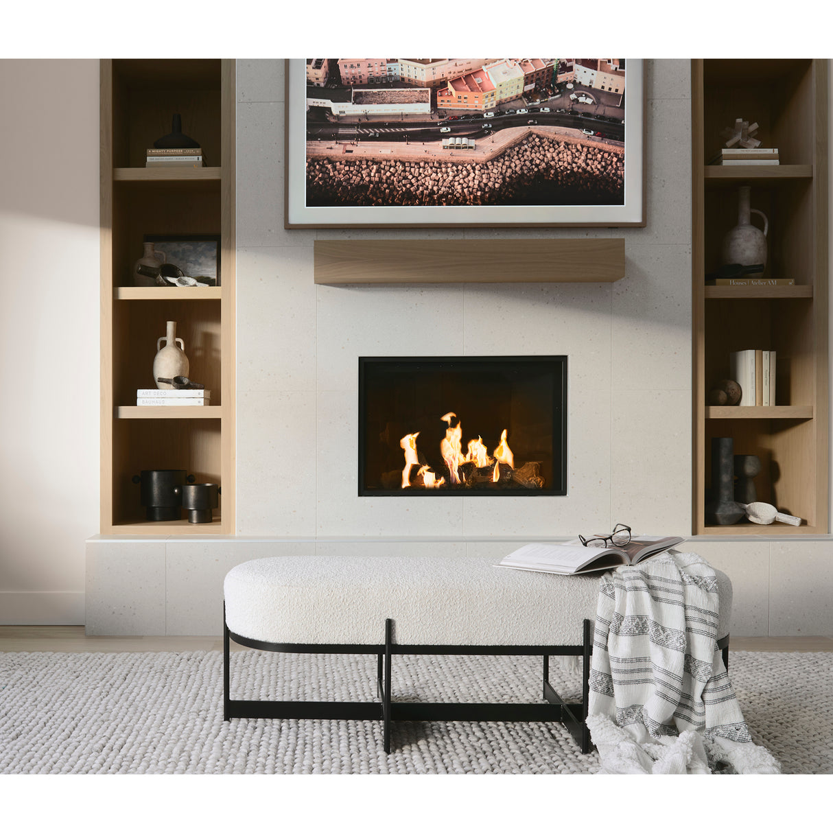 Amelia 55.0L x 18.0W x 18.0H Cream Boucle W/Black Metal Upholstered Bench from Mercana - Luna Furniture