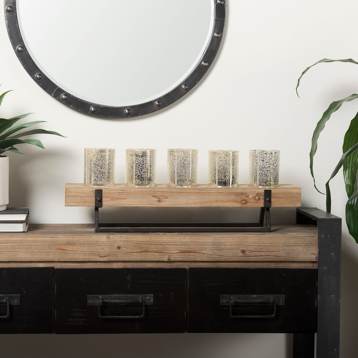 Benk Wood and Black Metal Five Cup Candle Holder from Mercana - Luna Furniture