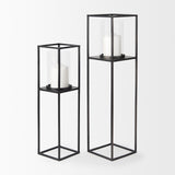 Cindy Set of 2 Matte Black Metal and Hurricane Glass Pillar Tabletop Candle Holders from Mercana - Luna Furniture