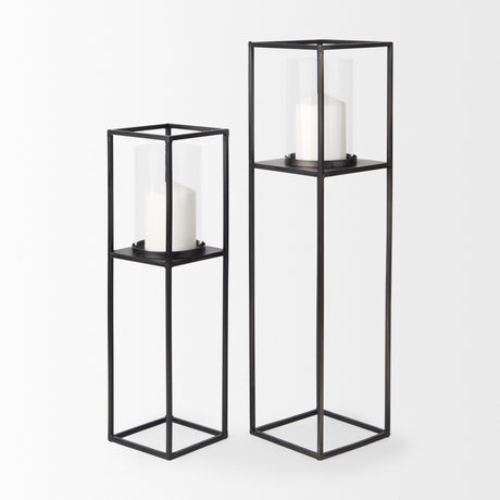 Cindy Set of 2 Matte Black Metal and Hurricane Glass Pillar Tabletop Candle Holders from Mercana - Luna Furniture