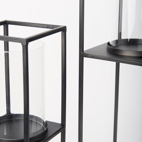 Cindy Set of 2 Matte Black Metal and Hurricane Glass Pillar Tabletop Candle Holders from Mercana - Luna Furniture