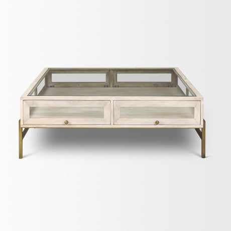Arelius 42" Square Glass-Top White Wood w/ Gold Metal Base Display Coffee Table from Mercana - Luna Furniture
