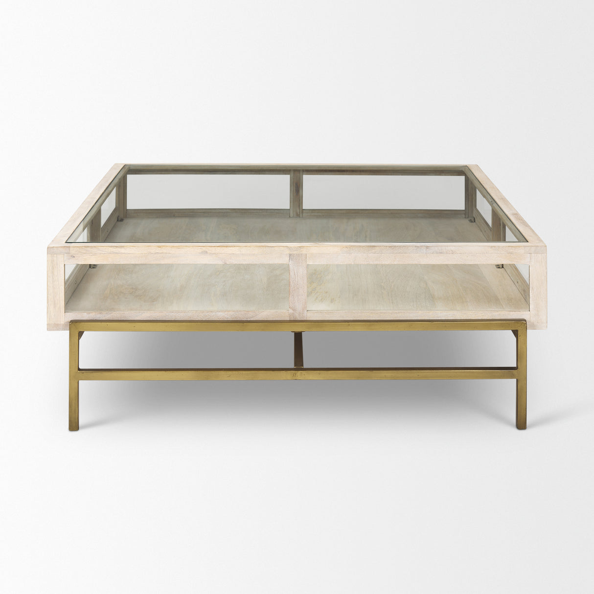 Arelius 42" Square Glass-Top White Wood w/ Gold Metal Base Display Coffee Table from Mercana - Luna Furniture