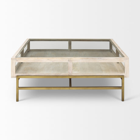 Arelius 42" Square Glass-Top White Wood w/ Gold Metal Base Display Coffee Table from Mercana - Luna Furniture