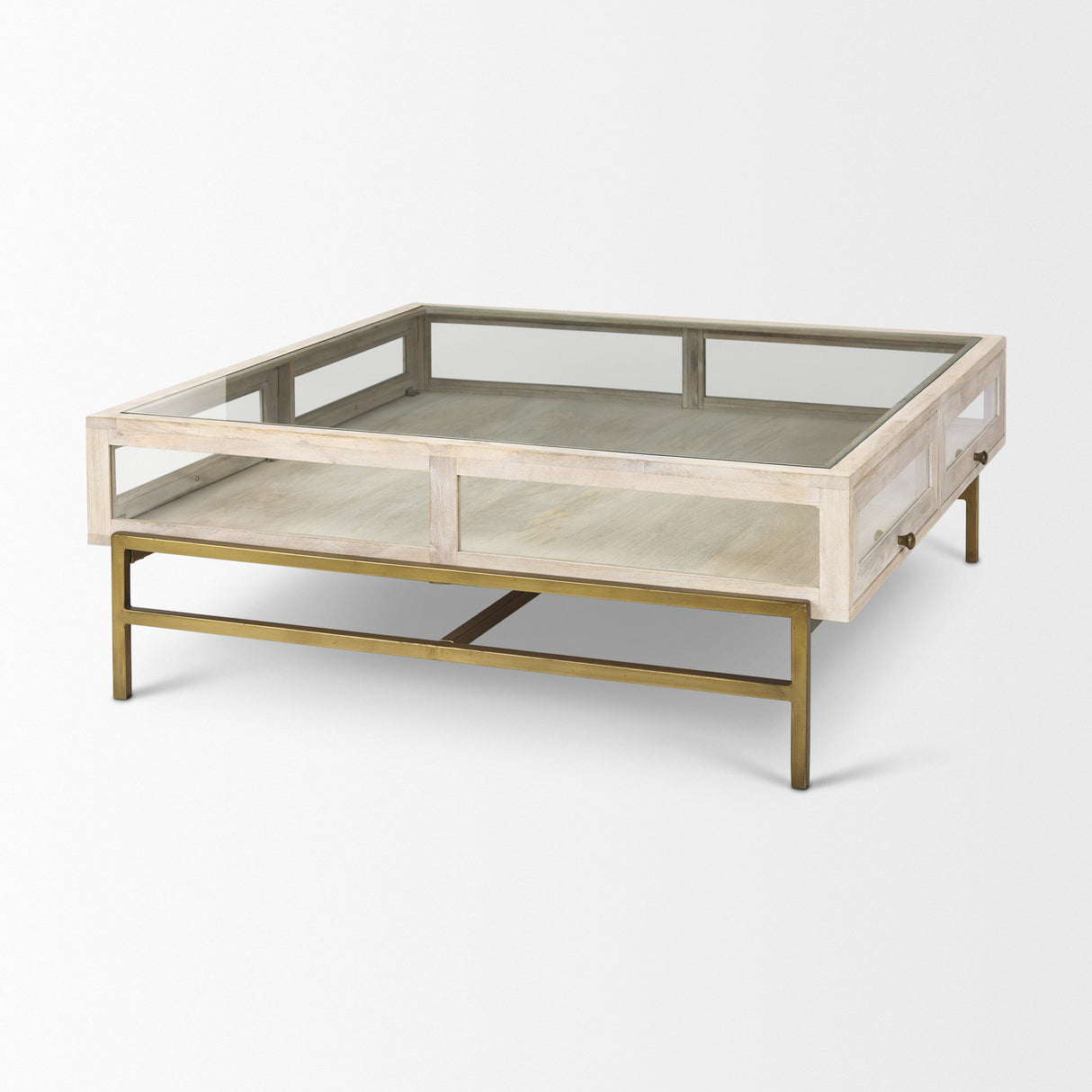 Arelius 42" Square Glass-Top White Wood w/ Gold Metal Base Display Coffee Table from Mercana - Luna Furniture
