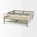 Arelius 42" Square Glass-Top White Wood w/ Gold Metal Base Display Coffee Table from Mercana - Luna Furniture