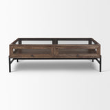 Arelius Rectangular Glass-Top Medium Brown Wood w/ Black Metal Base Display Coffee Table from Mercana - Luna Furniture