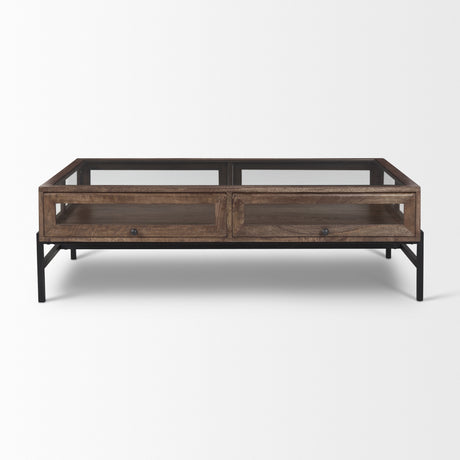 Arelius Rectangular Glass-Top Medium Brown Wood w/ Black Metal Base Display Coffee Table from Mercana - Luna Furniture