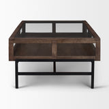Arelius Rectangular Glass-Top Medium Brown Wood w/ Black Metal Base Display Coffee Table from Mercana - Luna Furniture