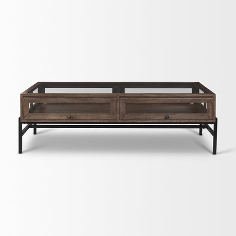 Arelius Rectangular Glass-Top Medium Brown Wood w/ Black Metal Base Display Coffee Table from Mercana - Luna Furniture