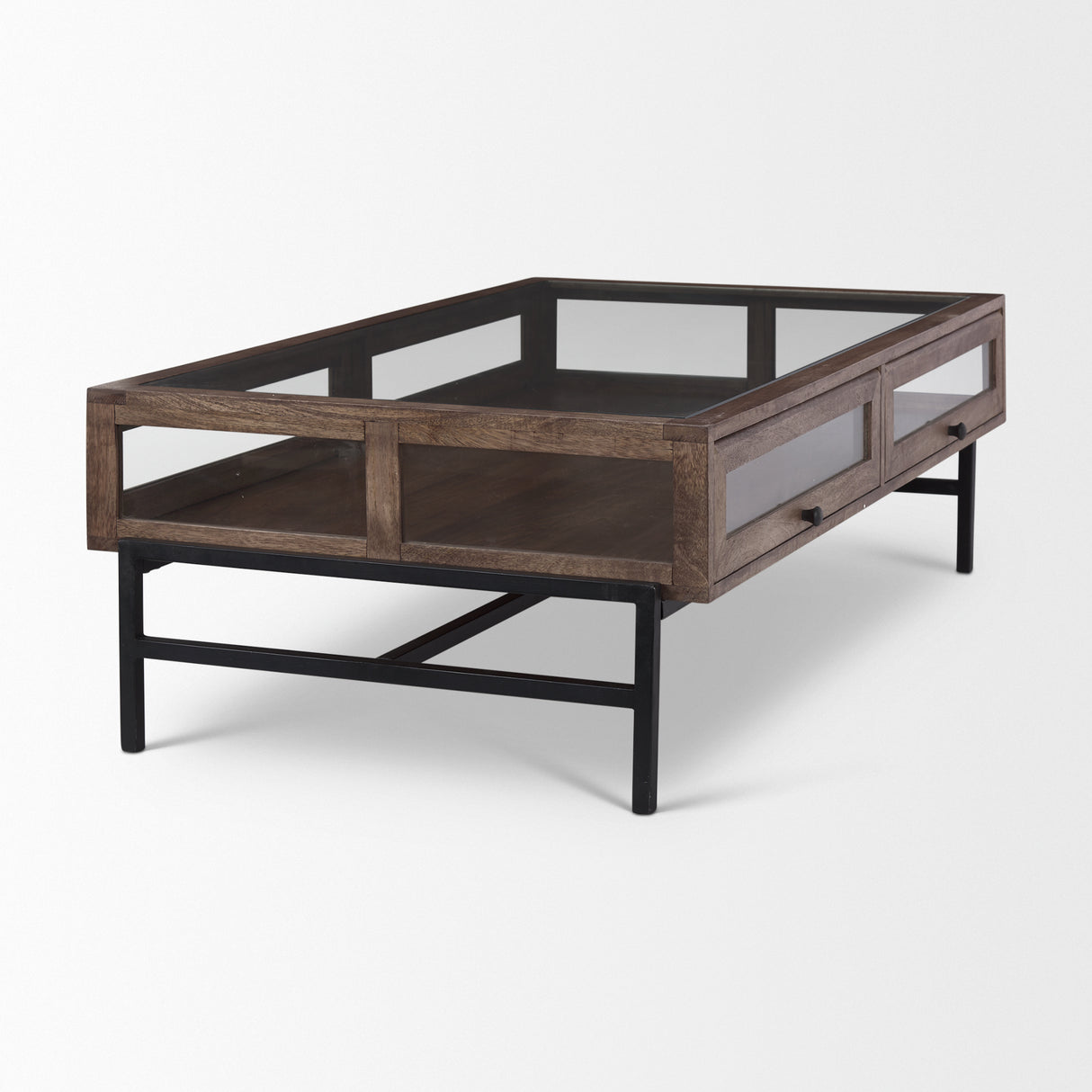 Arelius Rectangular Glass-Top Medium Brown Wood w/ Black Metal Base Display Coffee Table from Mercana - Luna Furniture
