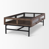 Arelius Rectangular Glass-Top Medium Brown Wood w/ Black Metal Base Display Coffee Table from Mercana - Luna Furniture